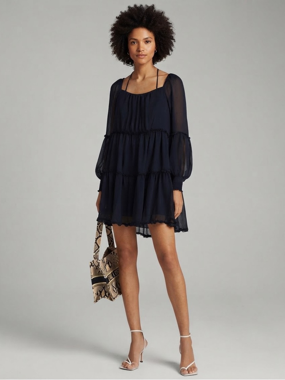Cinq a Sept Navy Zinia Tiered Chiffon Halterneck Mini Dress Size 0 Fairycore